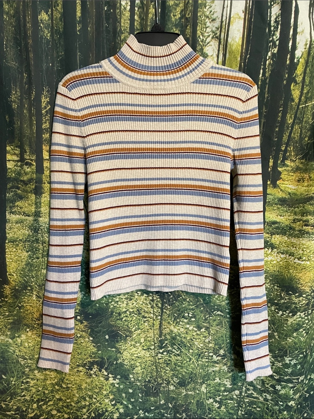 90s Striped Ribbed Mock Neck Long Sleeve Top - White/Blue/Tan